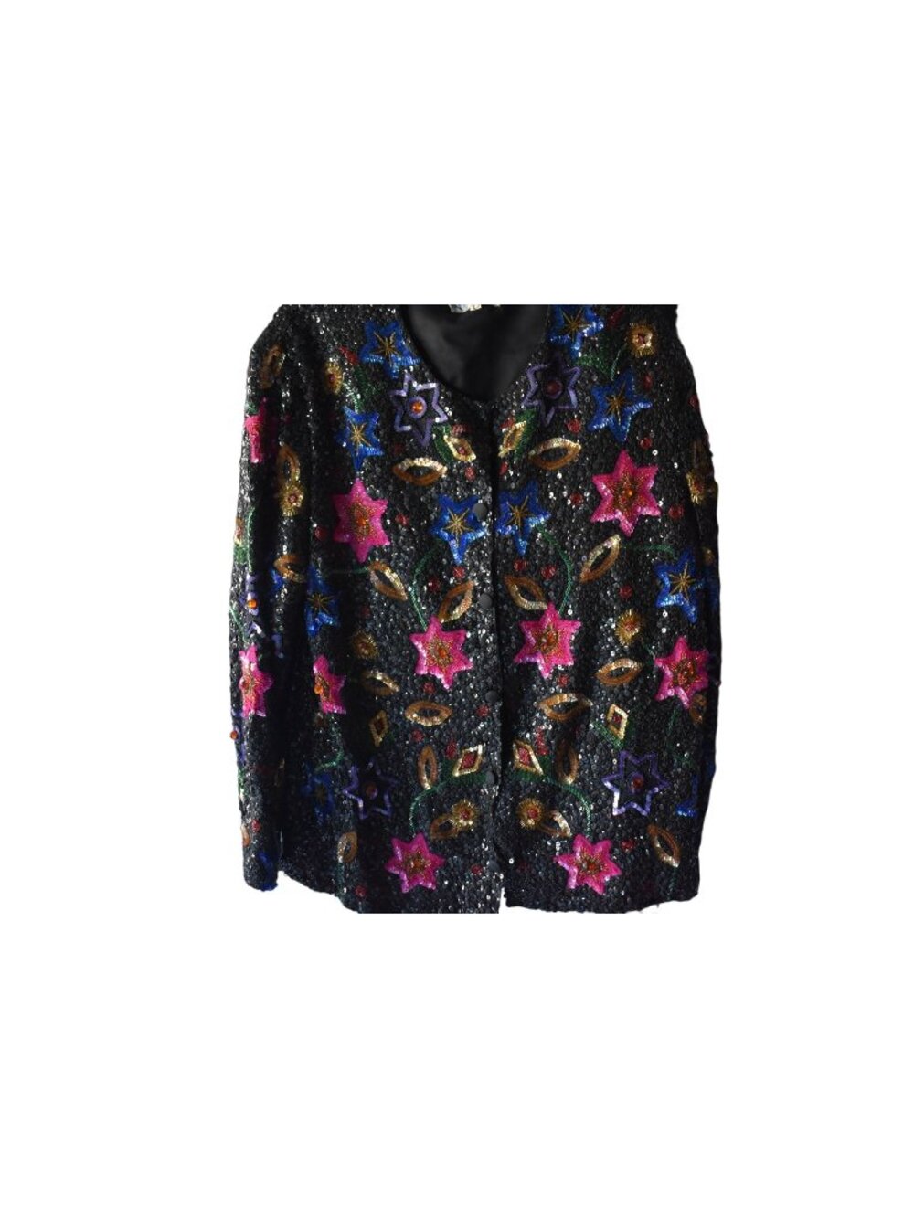 Vintage Women's Augustus Impressions Silk Sequin Beaded  Black Floral Jacket L